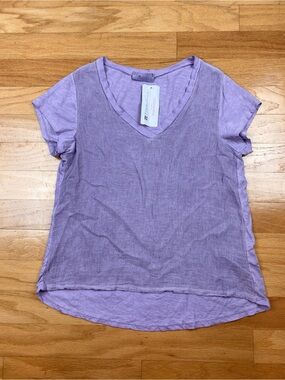 Tina Stephens V Neck Shirt Top Womens S/M Purple Linen Blend Italy Slub